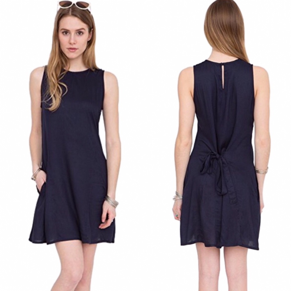 Chic Tie Back A Line Sleeveless Dress w Pockets Midnight - Picture 1 of 5